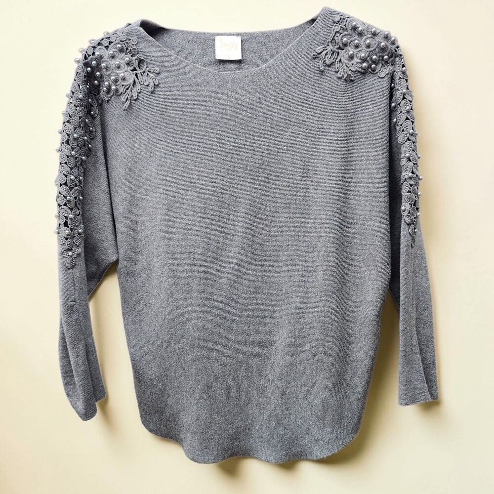 Siren Lily Boatneck Sweater Womens PL Petite Gray Lace Faux Pearls Coquette